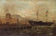 Hugh Carroll Frazer Launch of the Steamship Aurora from Belfast Harbour oil on canvas